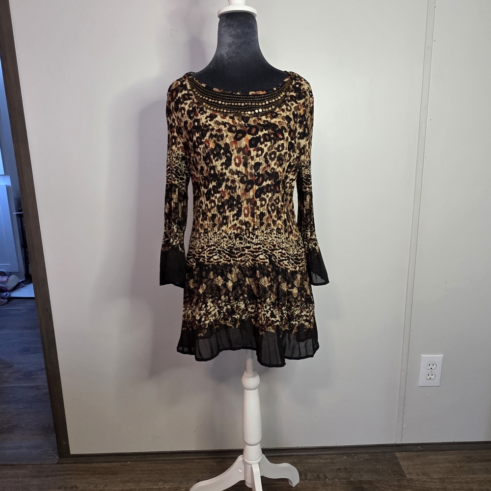New York City Design Co. Leopard Embellished Pleated Tunic Blouse - Size L